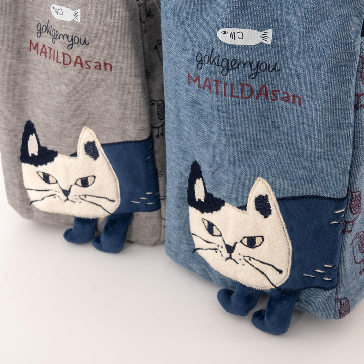MATILDAsan Cat Canvas Tote Bag with Side Pocket - Gray / Blue