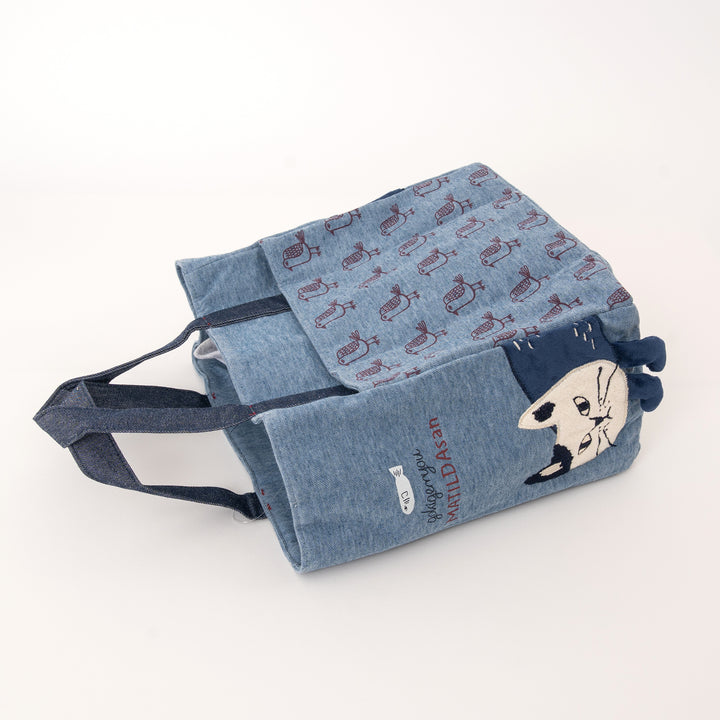 MATILDAsan Cat Canvas Tote Bag with Side Pocket - Gray / Blue