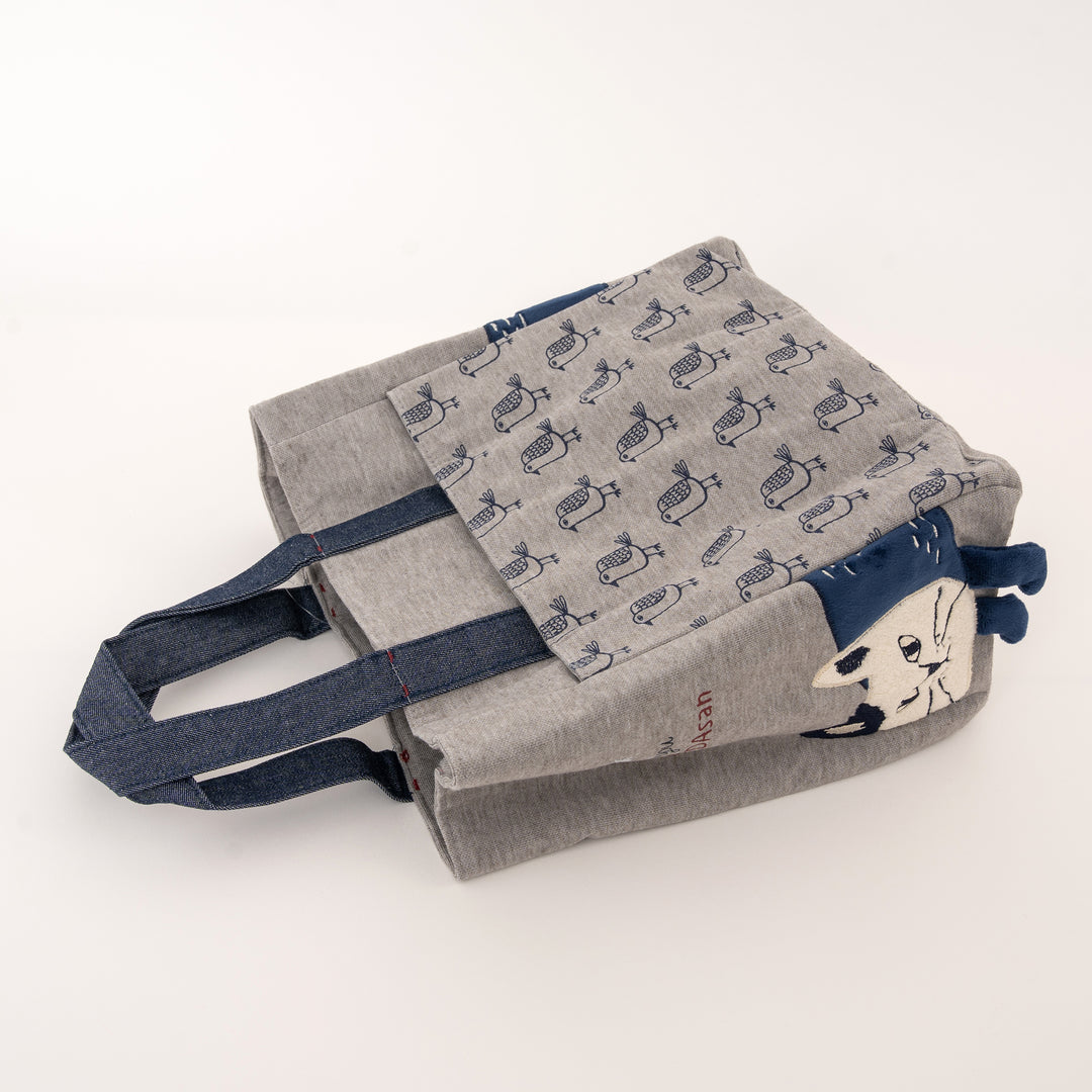 MATILDAsan Cat Canvas Tote Bag with Side Pocket - Gray / Blue