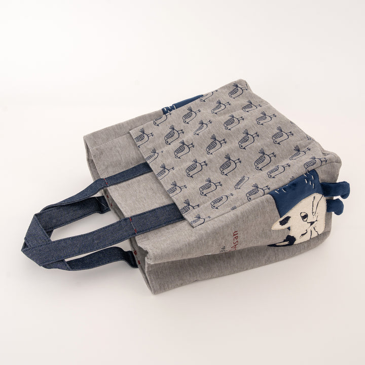 MATILDAsan Cat Canvas Tote Bag with Side Pocket - Gray / Blue