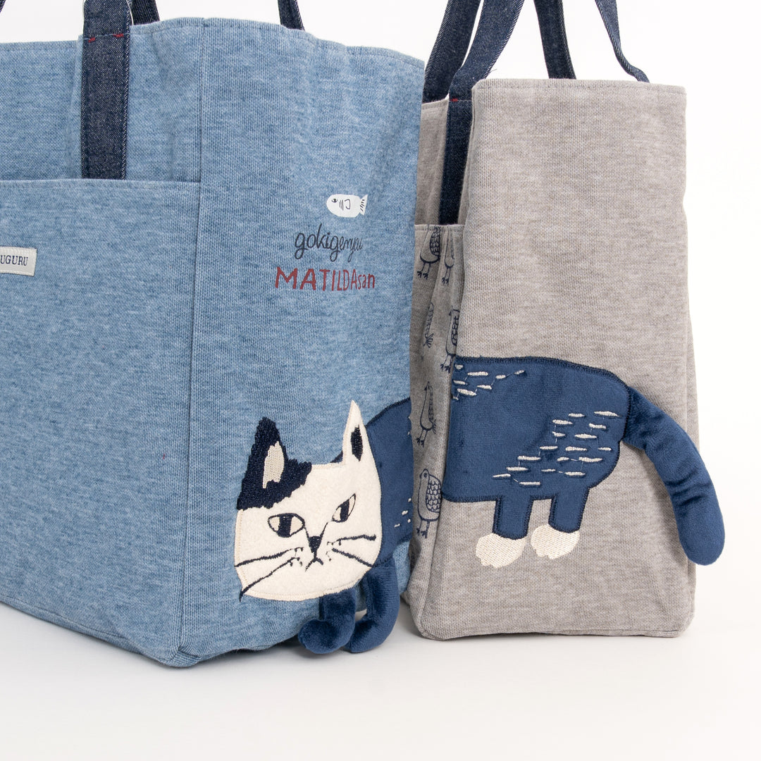 MATILDAsan Cat Canvas Tote Bag with Side Pocket - Gray / Blue