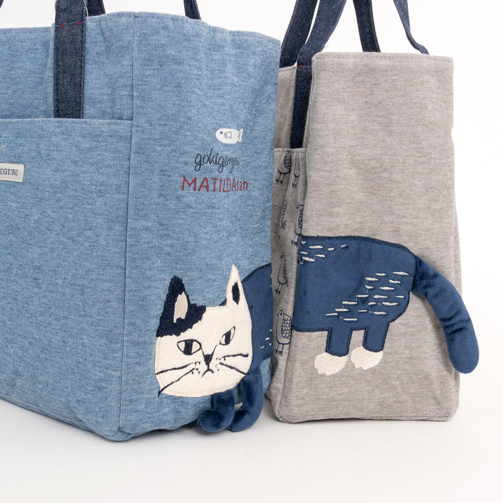 MATILDAsan Cat Canvas Tote Bag with Side Pocket - Gray / Blue