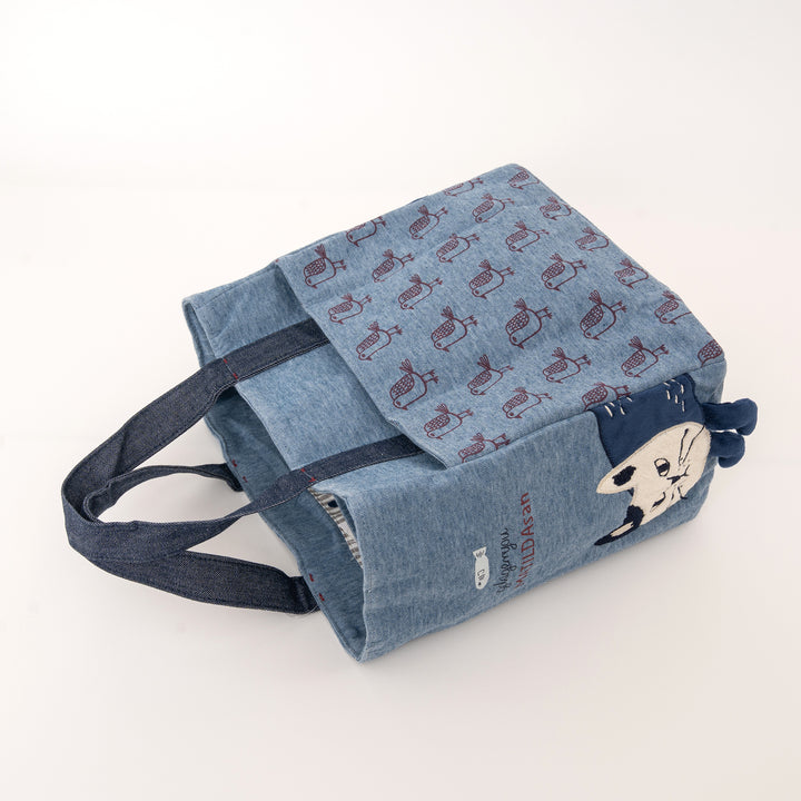 MATILDAsan Cat Canvas Tote Bag with Side Pocket - Gray / Blue