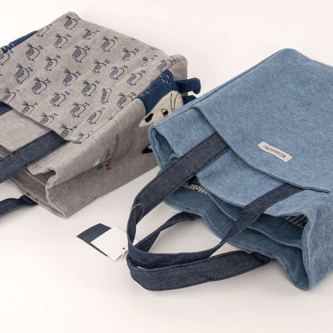 MATILDAsan Cat Canvas Tote Bag with Side Pocket - Gray / Blue