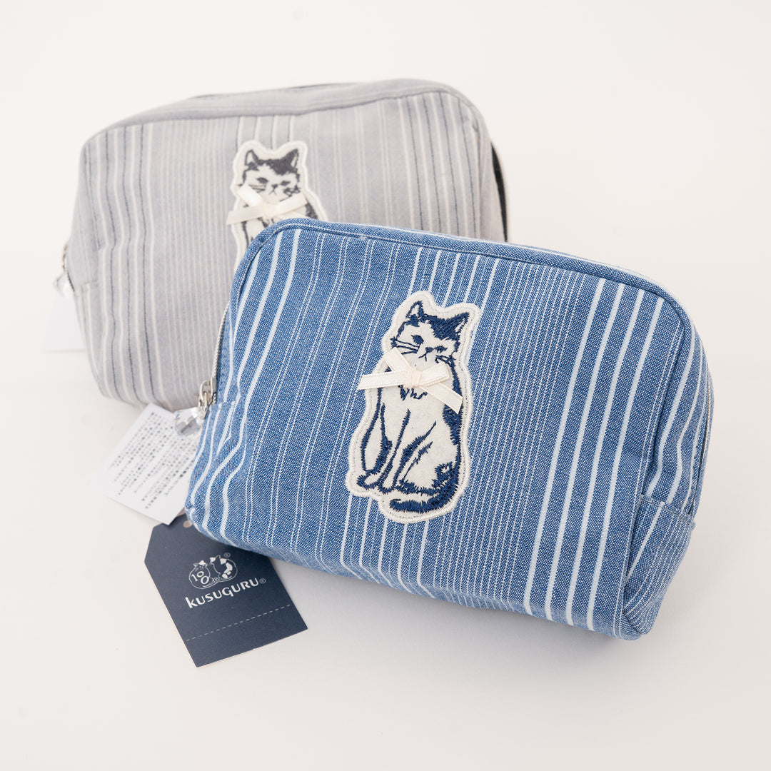 Bowtie Cat Striped Canvas Pouch