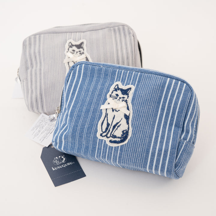 Bowtie Cat Striped Canvas Pouch