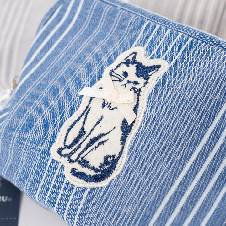 Bowtie Cat Striped Canvas Pouch