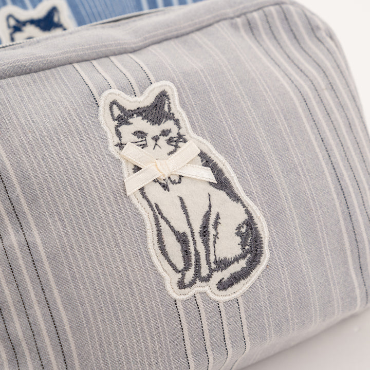 Bowtie Cat Striped Canvas Pouch