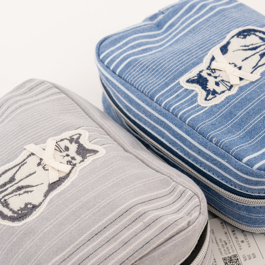 Bowtie Cat Striped Canvas Pouch