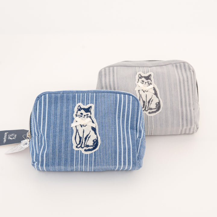 Bowtie Cat Striped Canvas Pouch