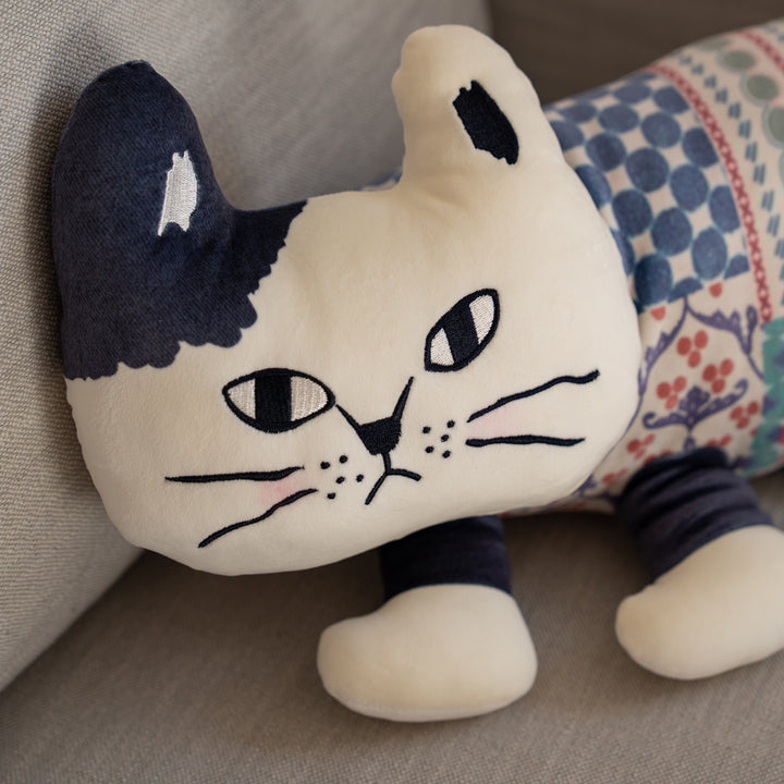 Kusuguru Japan Matilda Long Cat Plush Pillow – Dark Patchwork