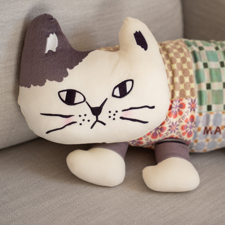 Kusuguru Japan Matilda Long Cat Plush Pillow – Light Patchwork