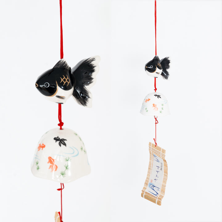 Yakushi Kiln Japanese black 
goldfish furin wind chime with black ceramic fish and painted summer bell