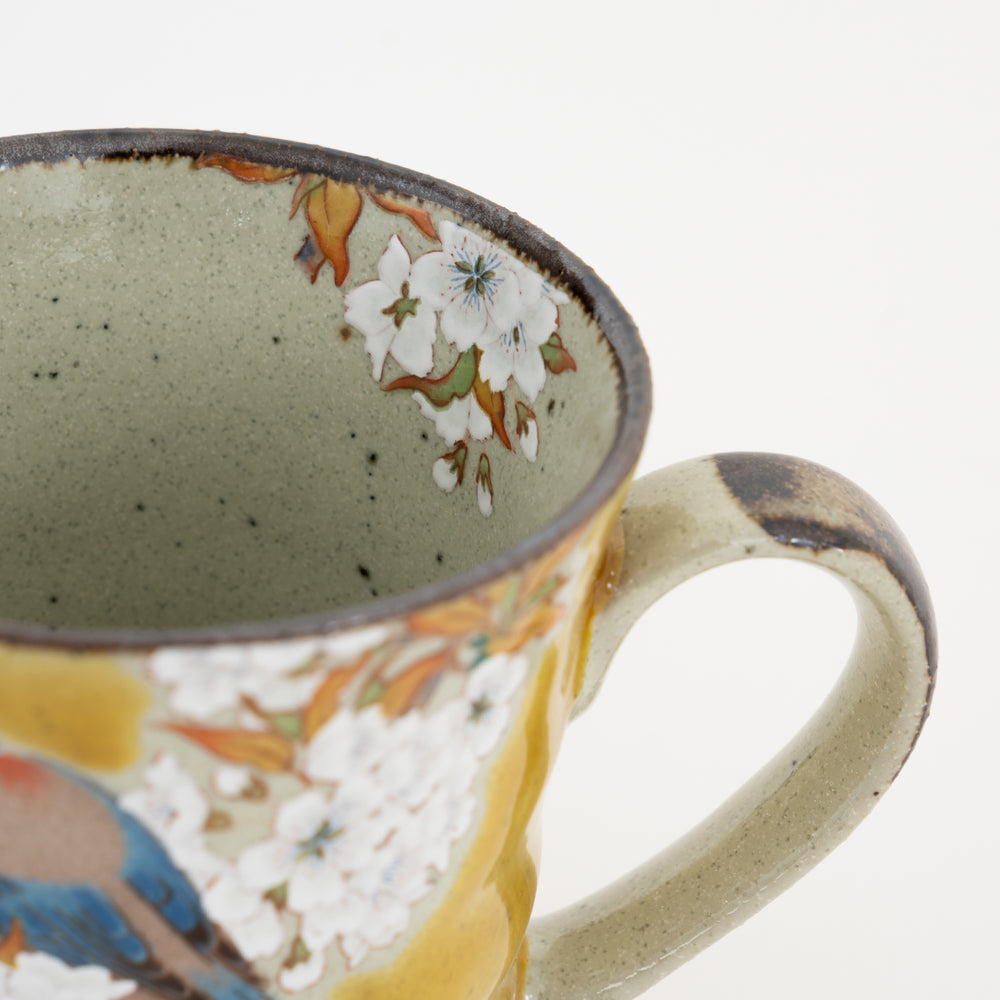 Kutani Yoshidaya bird floral mug yellow Japanese porcelain