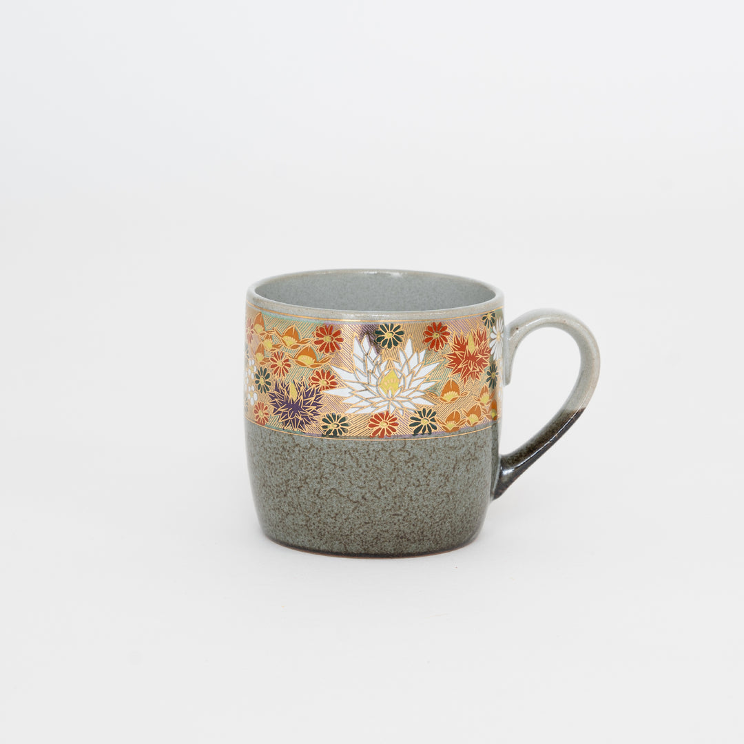Kutani ware Hanazume floral mug Japanese ceramic coffee cup gray glaze