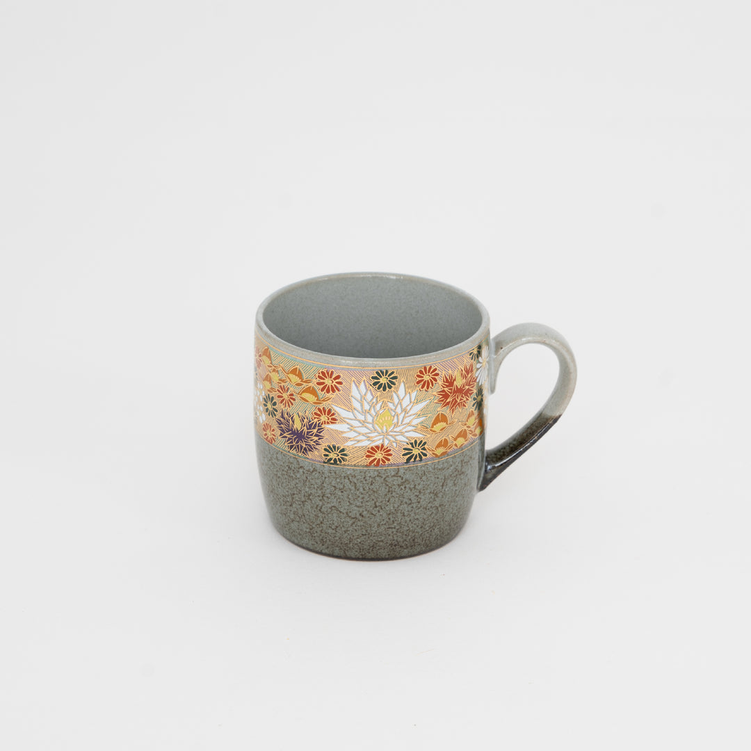 Handcrafted Kutani Hanazume mug with gold floral band ceramic cup