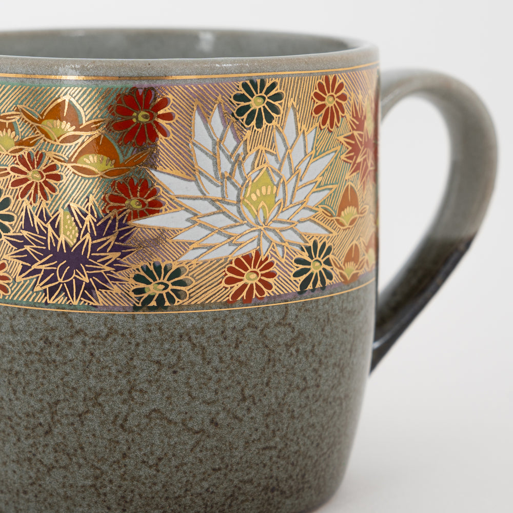 Japanese Kutani ware mug with Hanazume floral pattern and gray glaze
