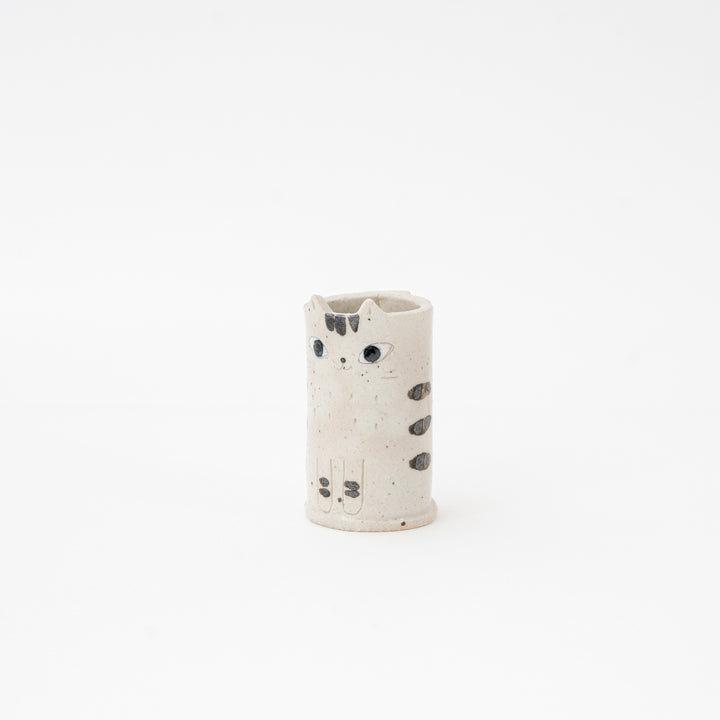 Handmade Japanese ceramic black cat mini vase with minimalist face design small decorative vessel