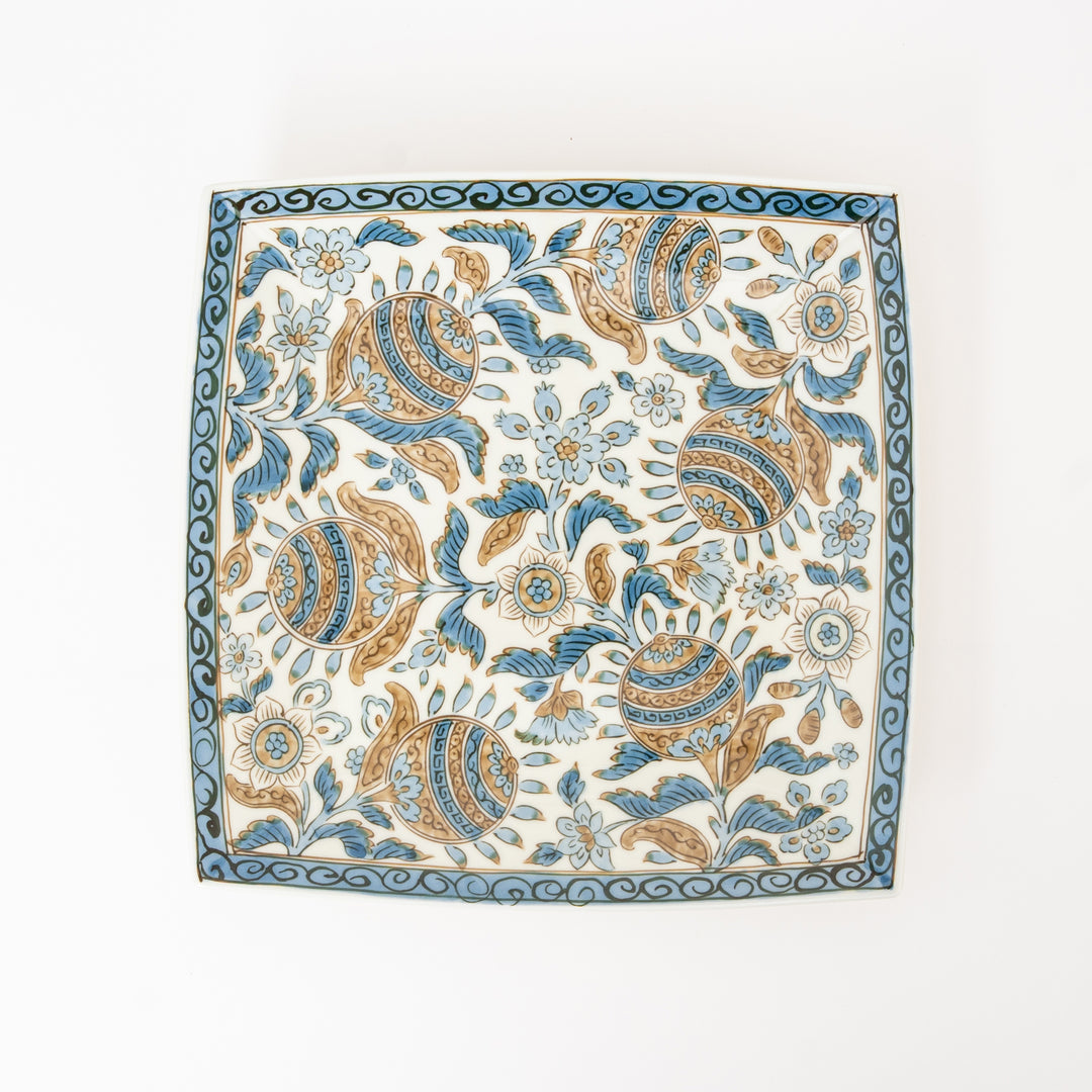 Arita porcelain serving plate blue and gold floral square dish Japan