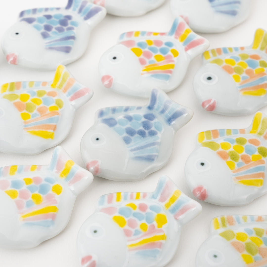 Set of 3 pastel fish chopstick rests, handpainted Japanese porcelain