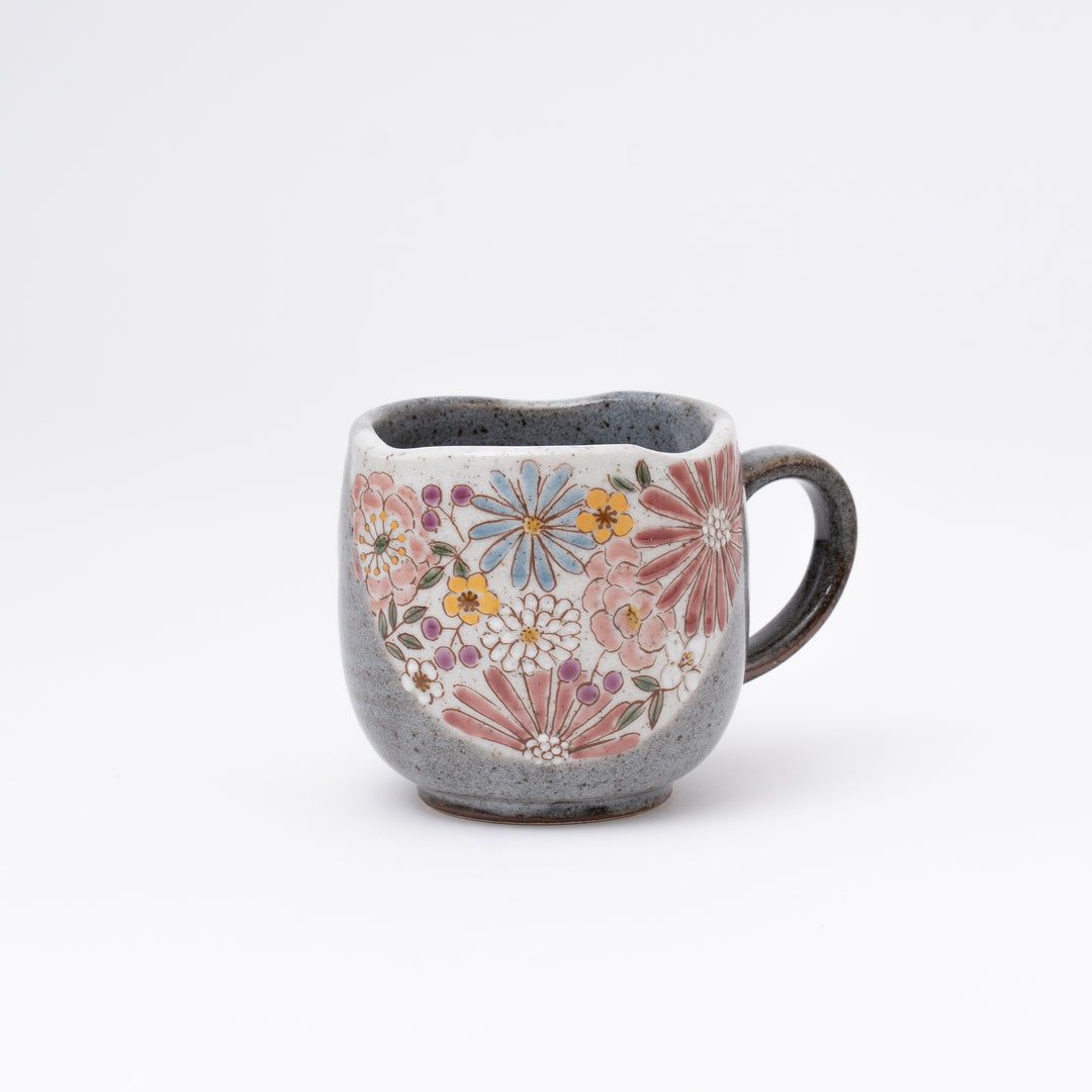 Pink Kutani Ware hand-painted floral mug with gold accents made in Japan