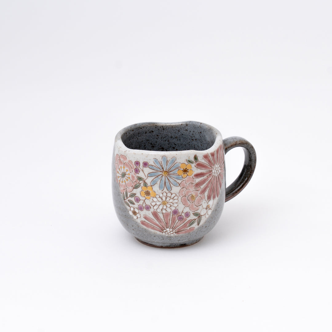 Handmade Pink Kutani Ware Floral Mug with Gold Accents
