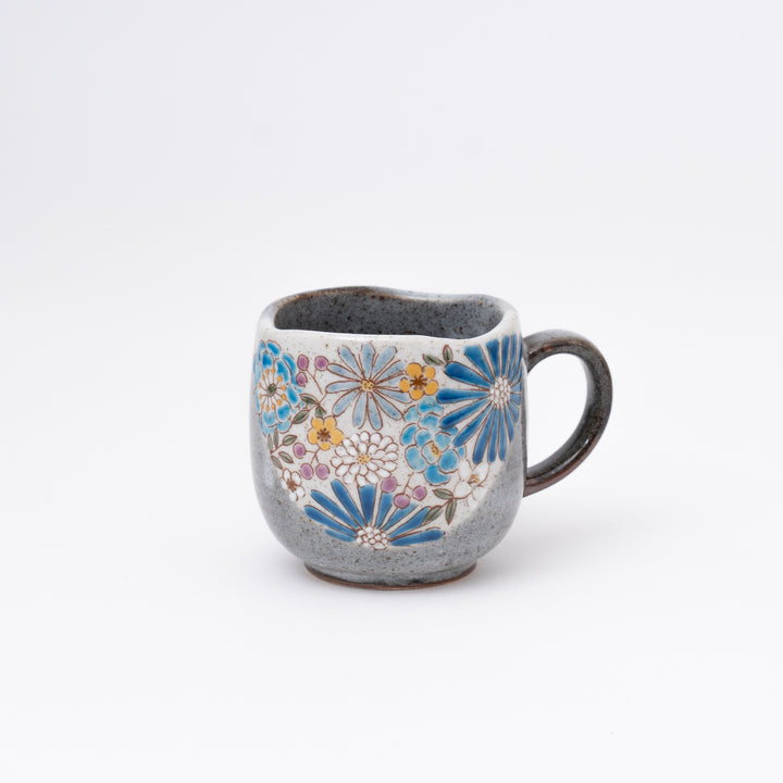 Blue Kutani Ware hand-painted floral mug with gold accents made in Japan