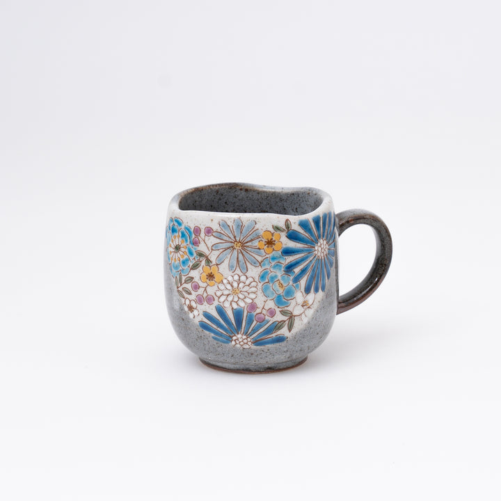 Blue Japanese Kutani Ware coffee mug with handmade floral design and gold accents