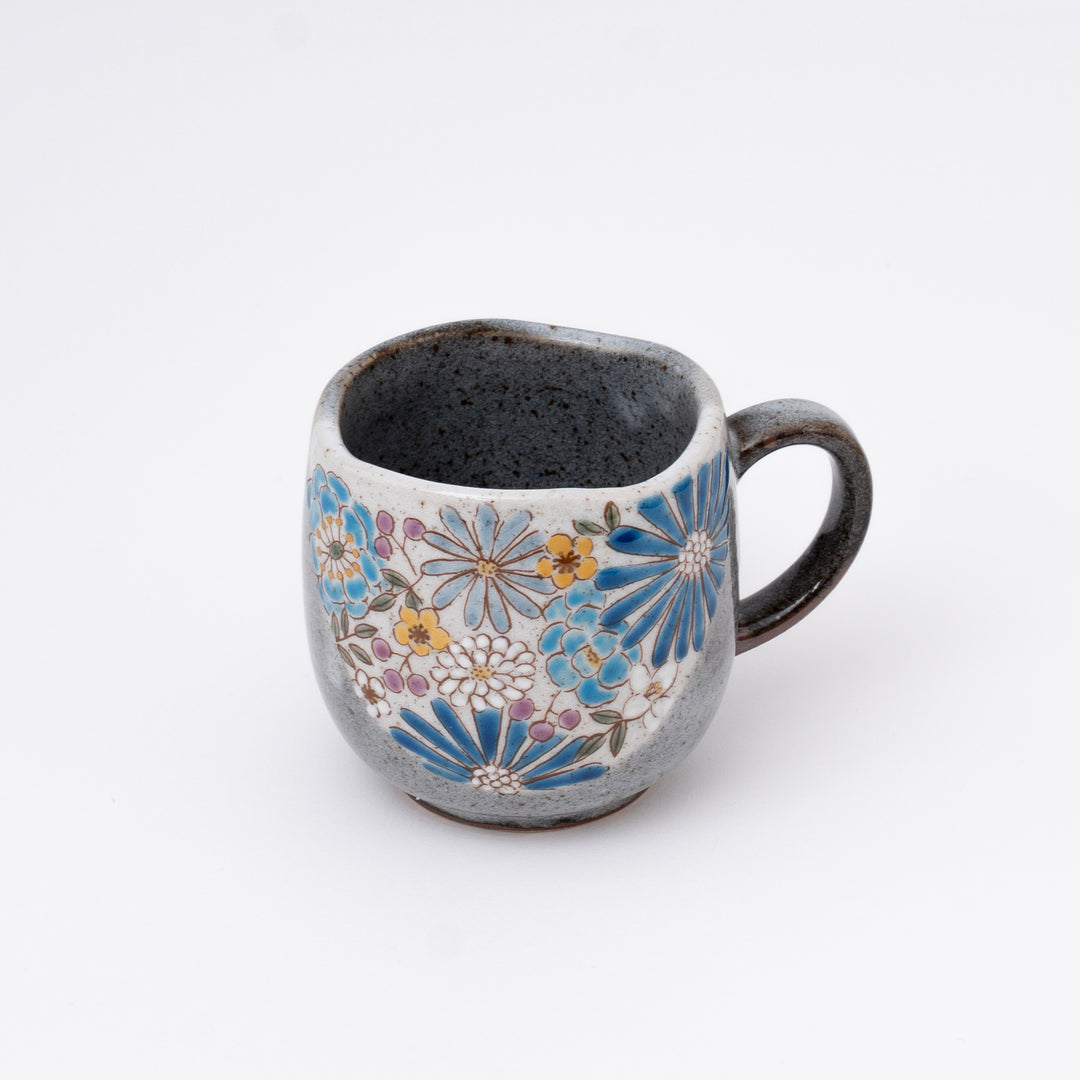 Handmade Blue Kutani Ware Floral Mug with Gold Accents
