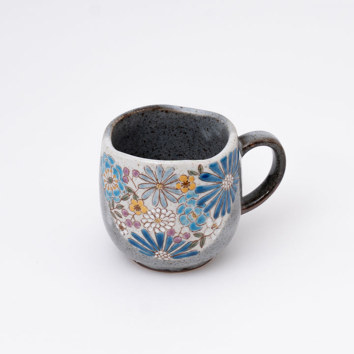 Handmade Blue Kutani Ware Floral Mug with Gold Accents