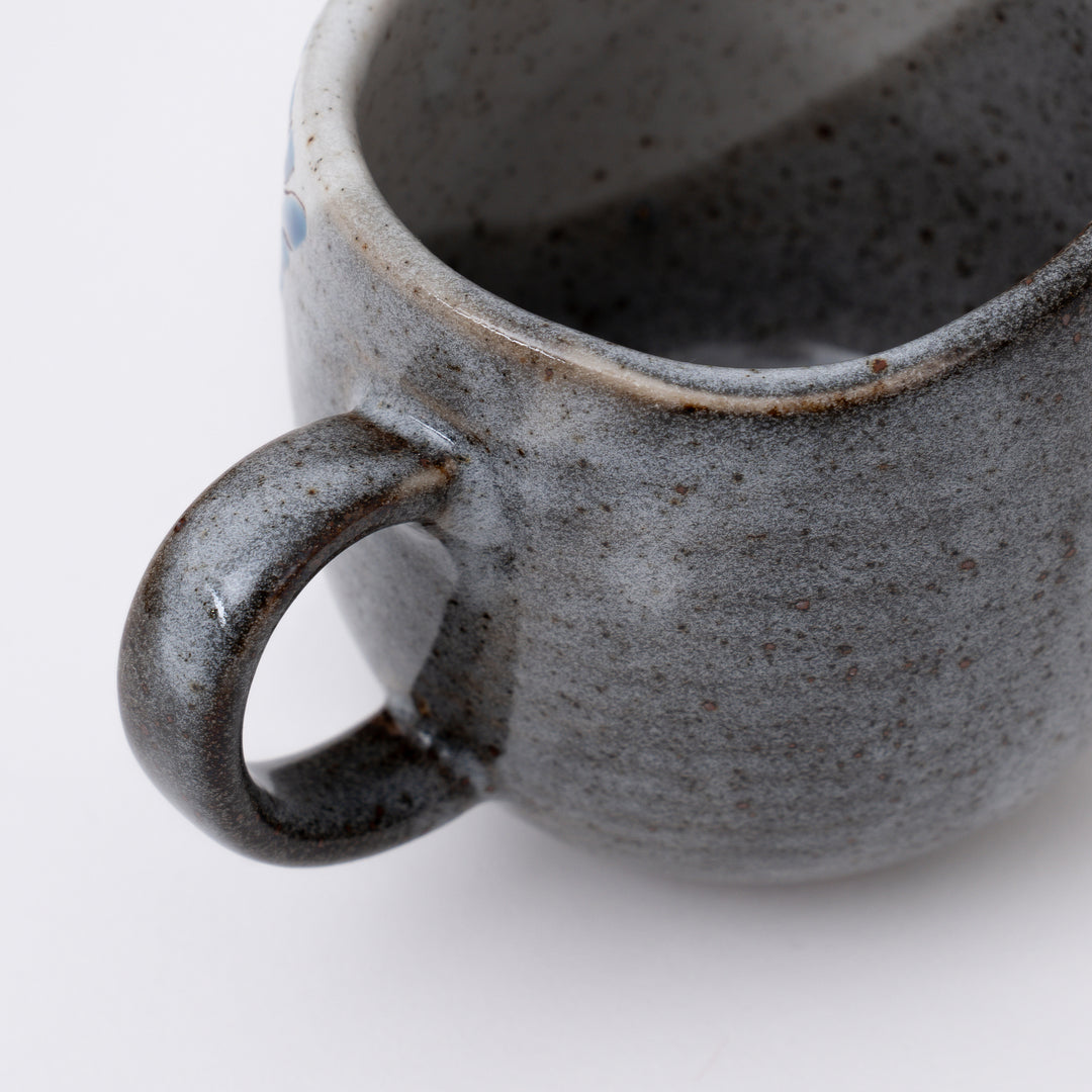 Blue Japanese Kutani Ware coffee mug with handmade floral design and gold accents