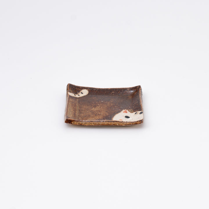 Handmade Japanese Cat Mini Dish – Brown Ceramic Small Plate, 3 in