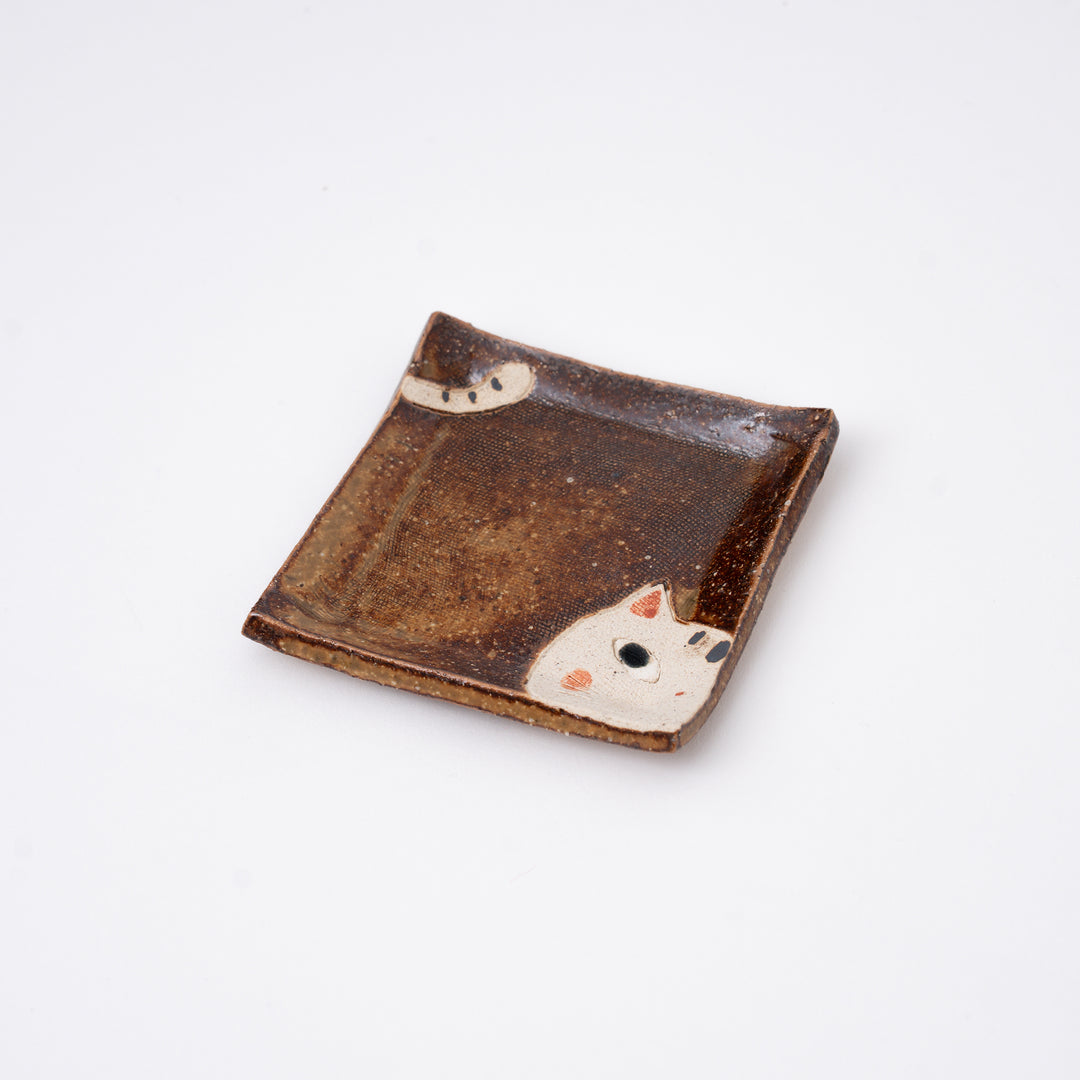 Handmade Japanese Cat Mini Dish – Brown Ceramic Small Plate, 3 in