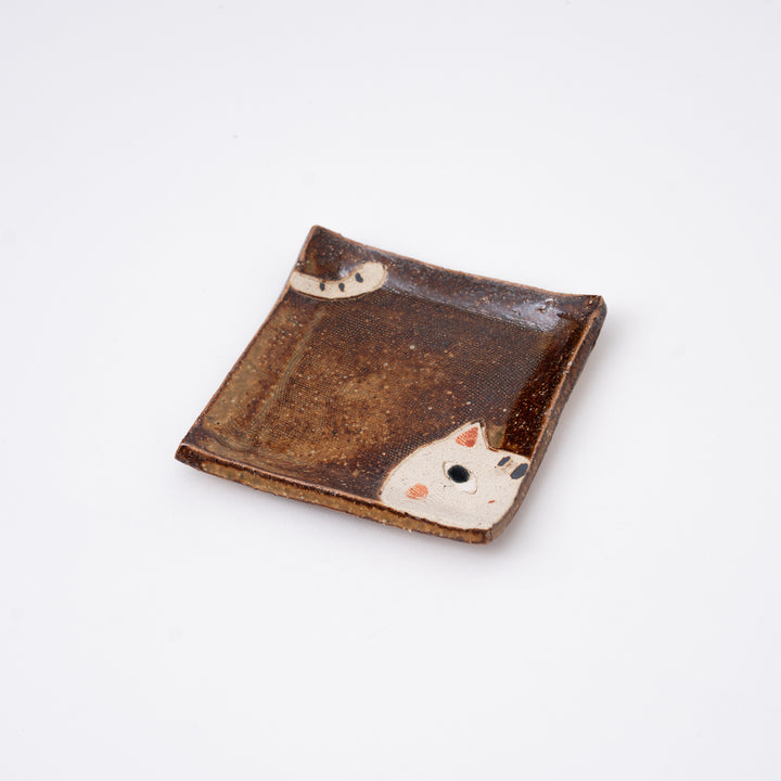 Handmade Japanese Cat Mini Dish – Brown Ceramic Small Plate, 3 in