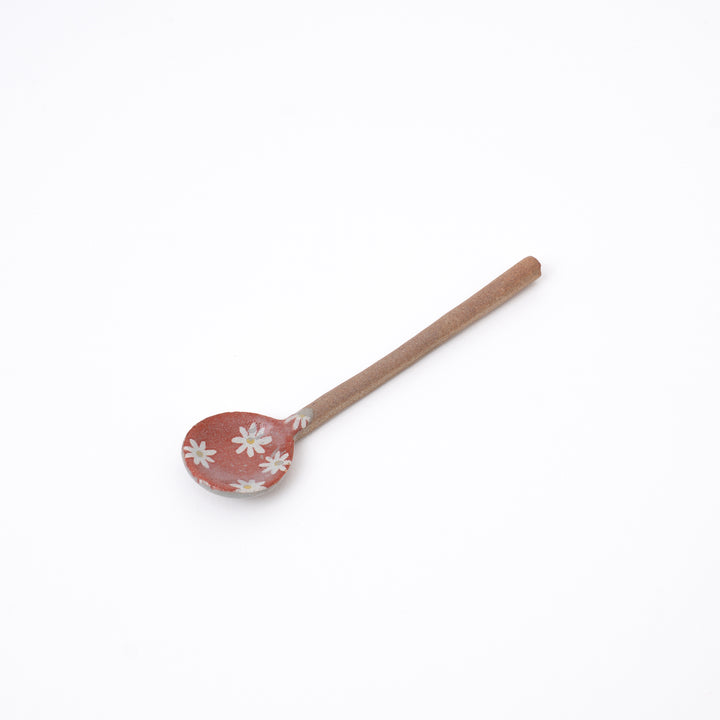 Red handmade Japanese ceramic spoon with daisy flowers