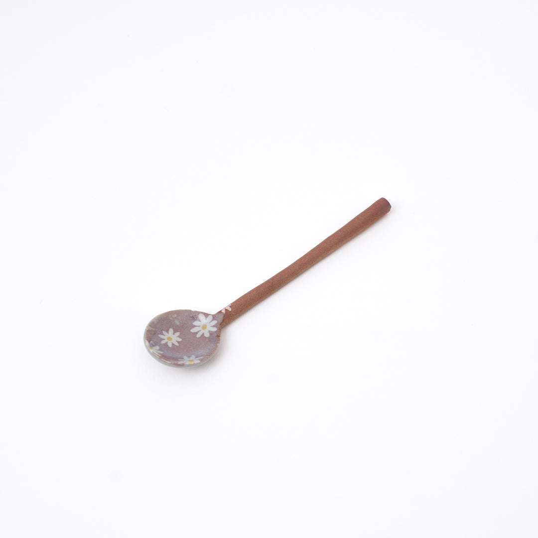 Purple handmade Japanese ceramic spoon with daisy flowers