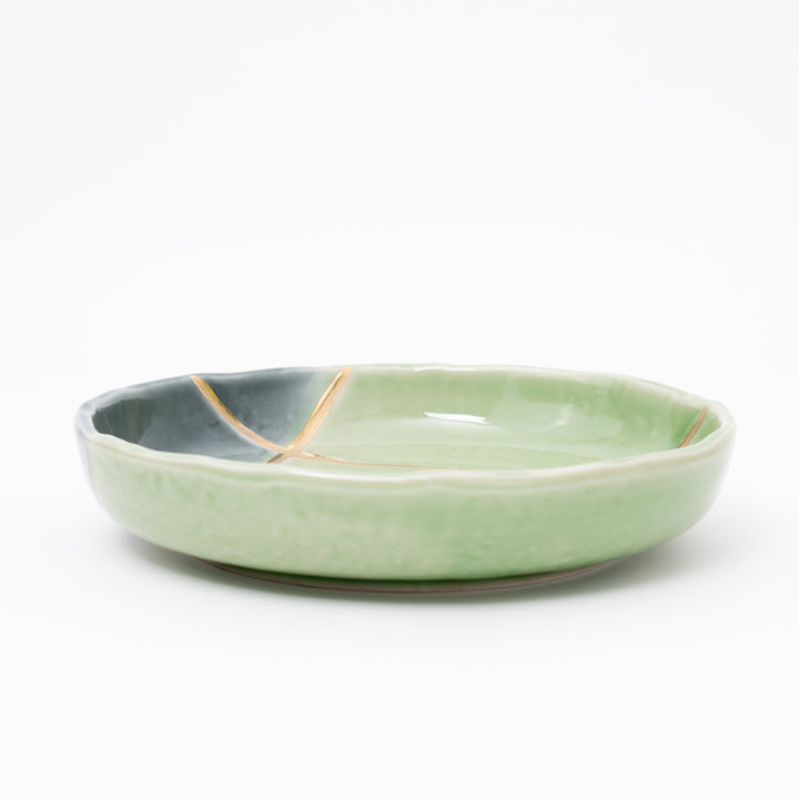 Handcrafted Celadon Shallow Bowl with Gold Kintsugi Design Mino Ware Japan