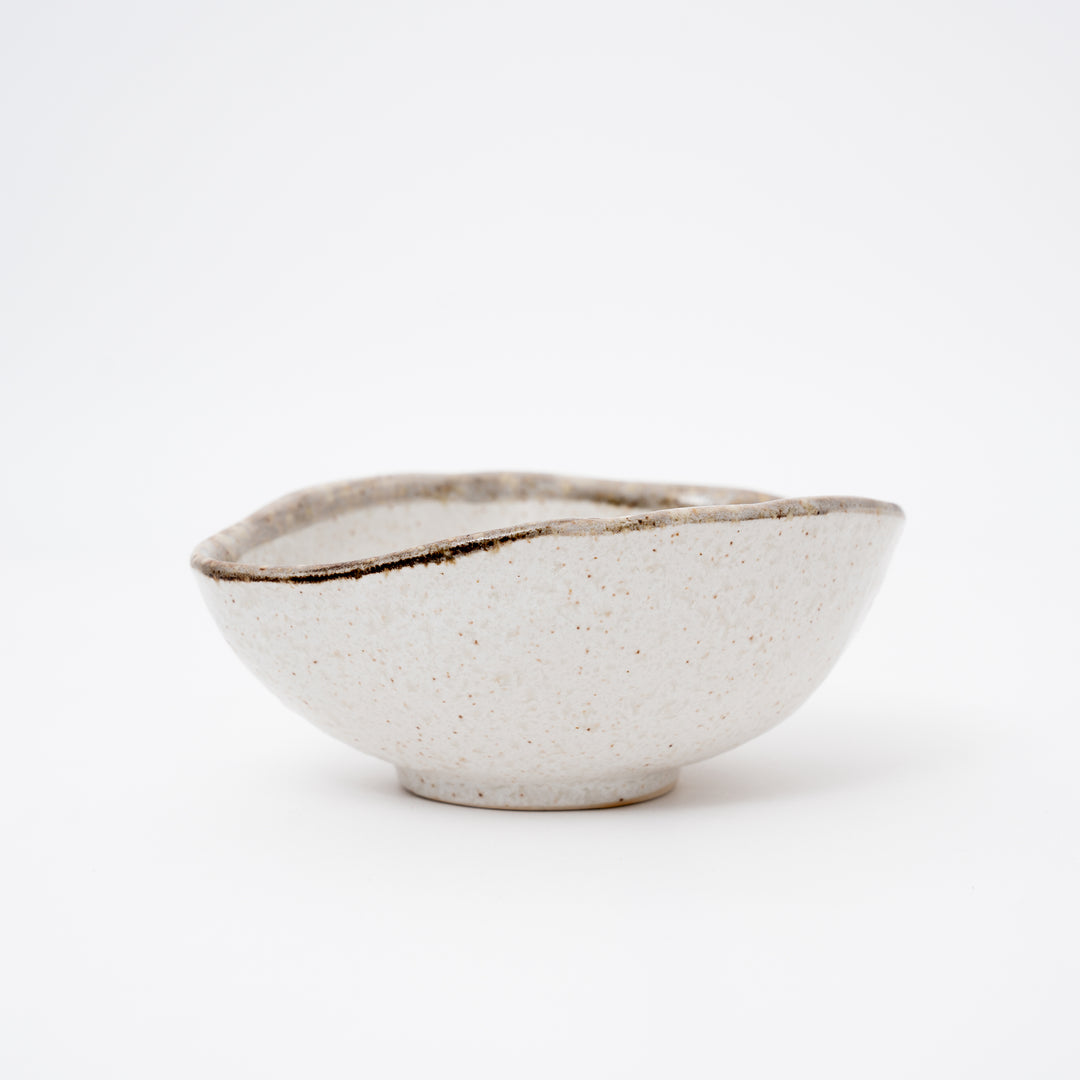 Handmade oval white Karatsu Yaki bowl with a narrow brown rim