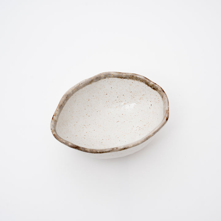 Handmade oval white Karatsu Yaki bowl with a narrow brown rim