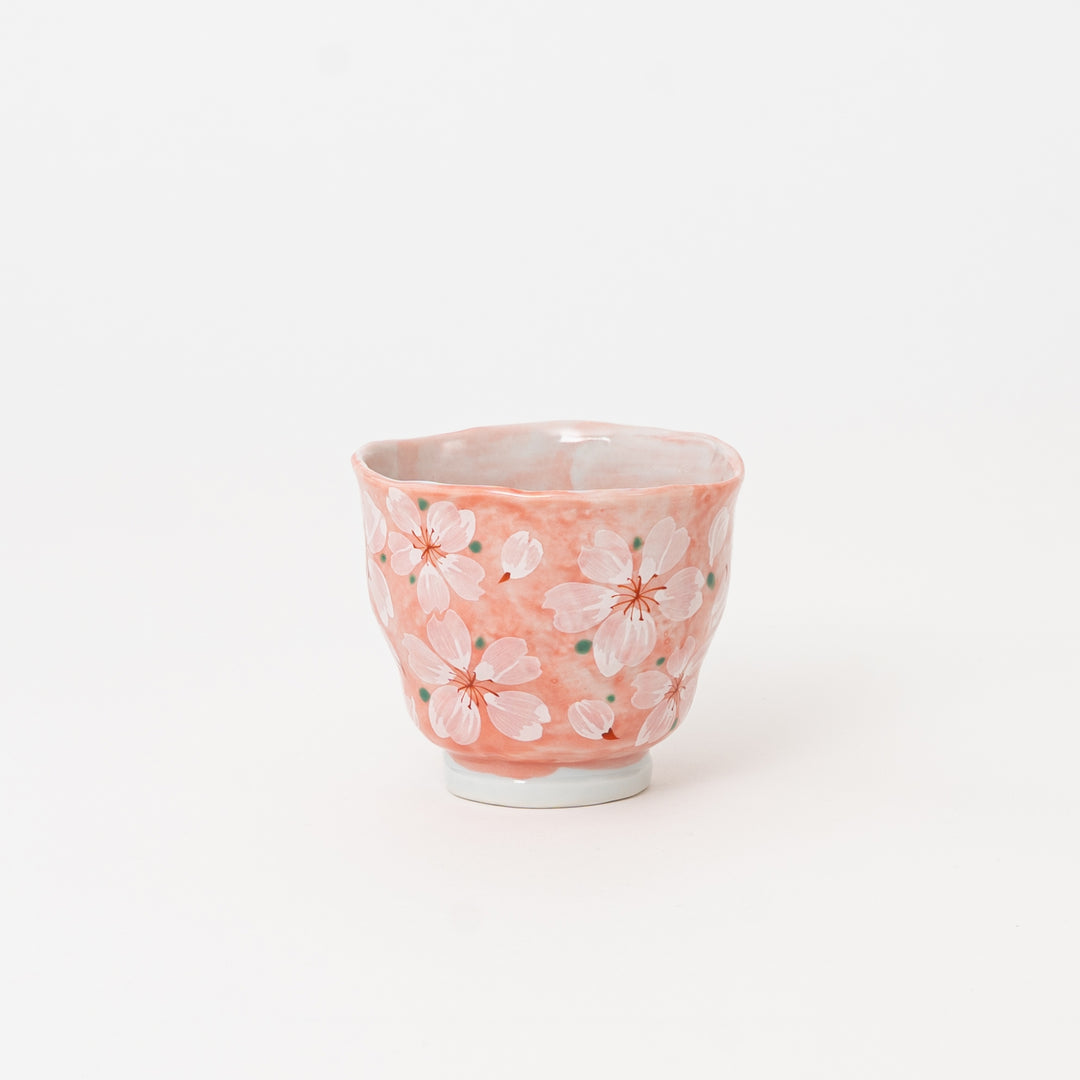 Handcrafted Mino Ware Sakura Yunomi tea cup with pink cherry blossom design made in Japan