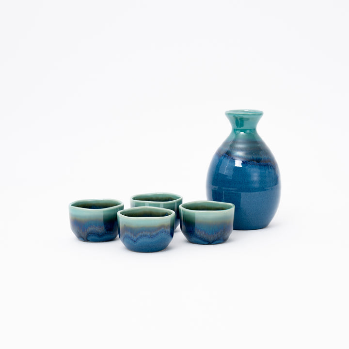 Handmade Tenmoku Blue Glaze Sake Set