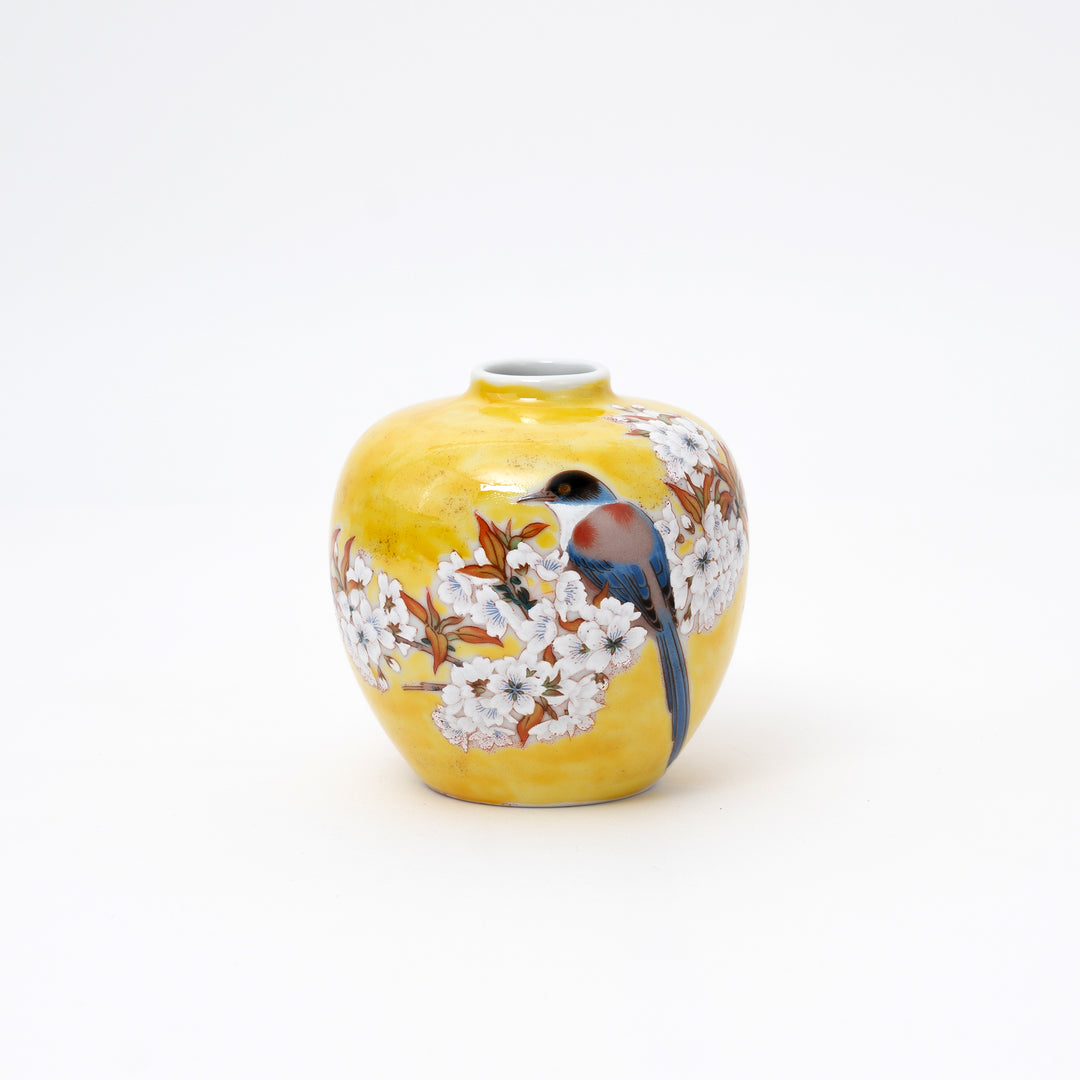 Japanese Kutani Ware Mini Vase with Cherry Blossoms and Birds