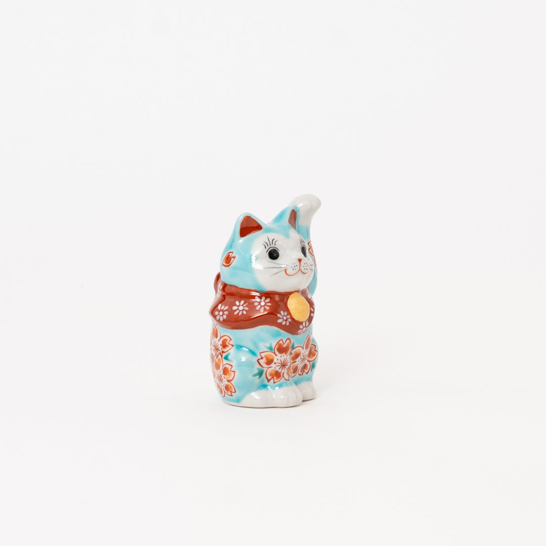 Japanese Kutani Lucky Cat (Maneki Neko) – Hand-Painted Blue Sakura