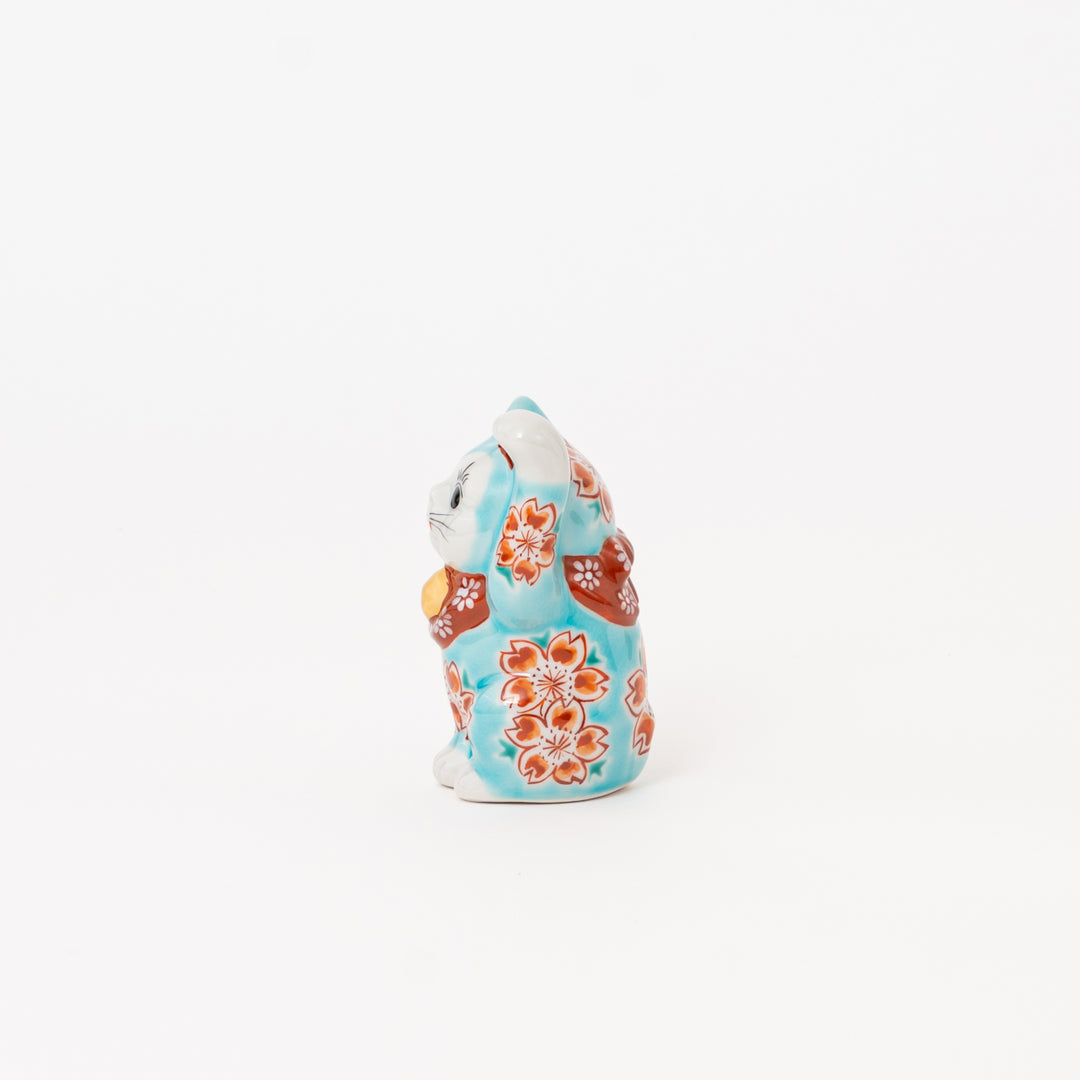 Japanese Kutani Lucky Cat (Maneki Neko) – Hand-Painted Blue Sakura