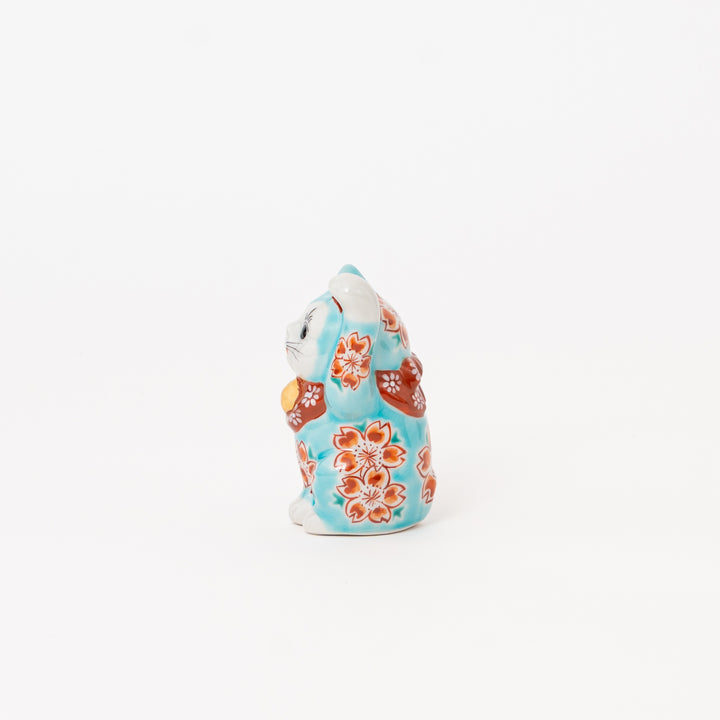 Japanese Kutani Lucky Cat (Maneki Neko) – Hand-Painted Blue Sakura