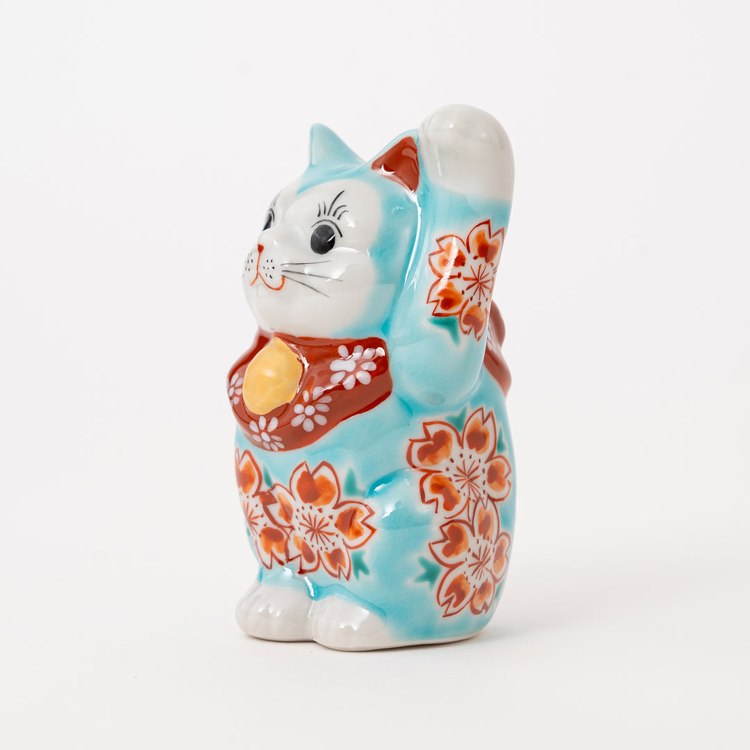 Japanese Kutani Lucky Cat (Maneki Neko) – Hand-Painted Blue Sakura