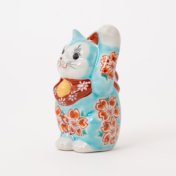 Japanese Kutani Lucky Cat (Maneki Neko) – Hand-Painted Blue Sakura