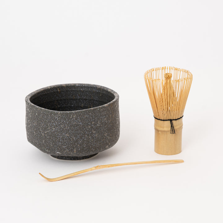 Handcrafted Rustic Speckled Black Ceramic Matcha Bowl Set