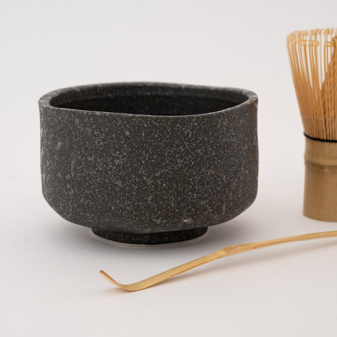 Handcrafted Rustic Speckled Black Ceramic Matcha Bowl Set