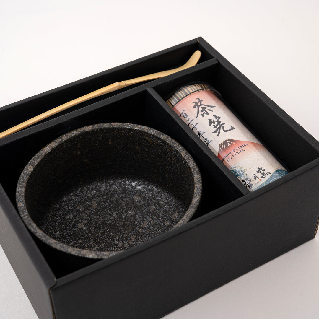 Handcrafted Rustic Speckled Black Ceramic Matcha Bowl Set